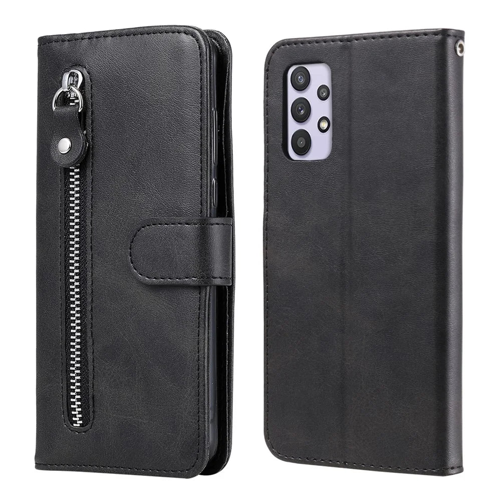 Zipper Pocket Wallet Leather Stand Phone Case Cover for Samsung Galaxy A32 4G (EU Version) - Black - 1