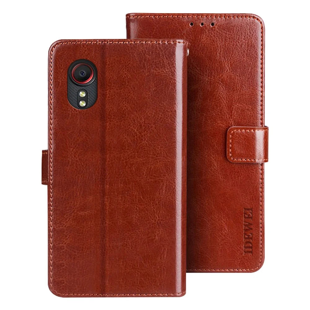 IDEWEI Folio Flip Crazy Horse Texture Leather Mobile Casing with Wallet Stand for Samsung Galaxy Xcover 5 - Brown - 1