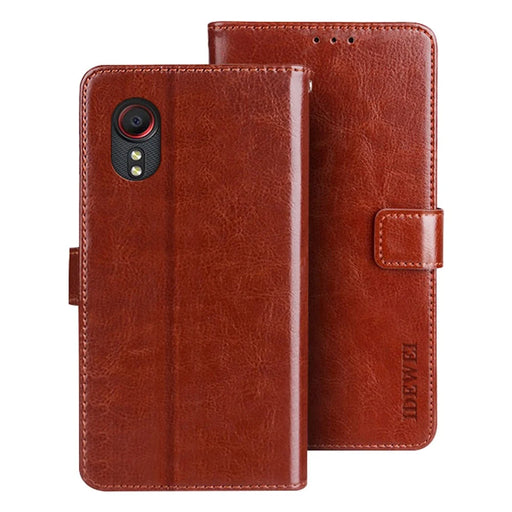 IDEWEI Folio Flip Crazy Horse Texture Leather Mobile Casing with Wallet Stand for Samsung Galaxy Xcover 5 - Brown - 1