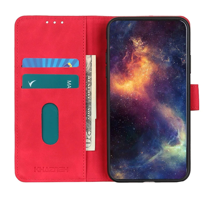 KHAZNEH Vintage Style Leather Wallet Stand Phone Casing for Samsung Galaxy S21 FE - Red - 6