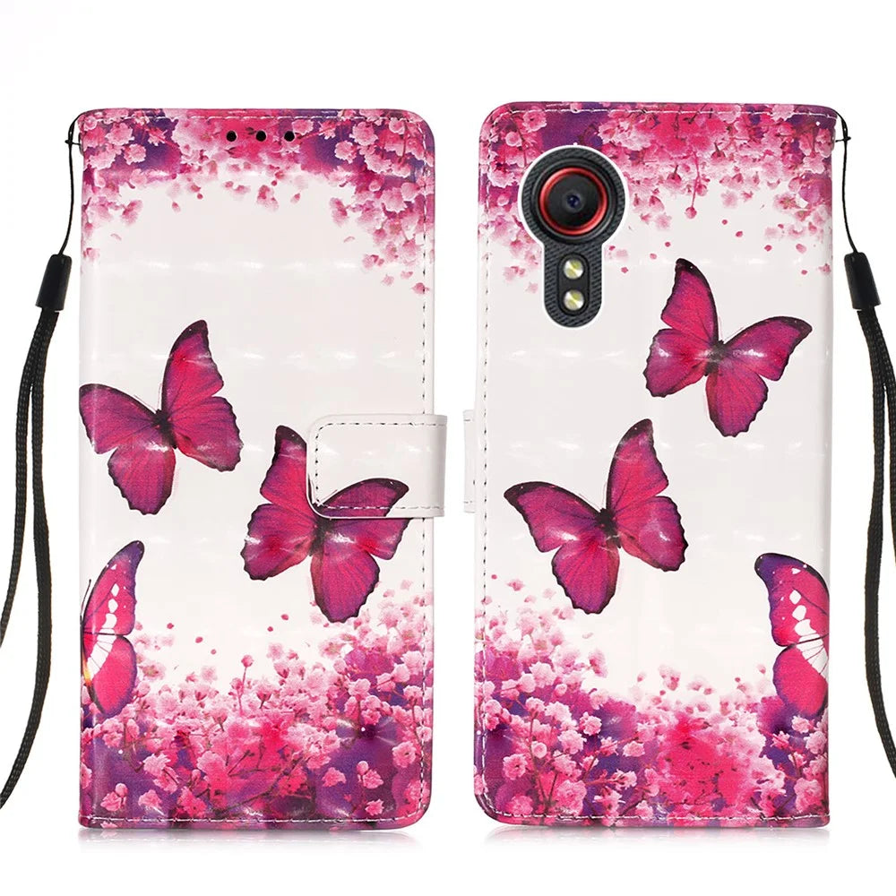 Lanyard Design Leather Phone Pattern Printing Design Case with Wallet Stand for Samsung Galaxy Xcover 5 - Rose Butterfly - 1