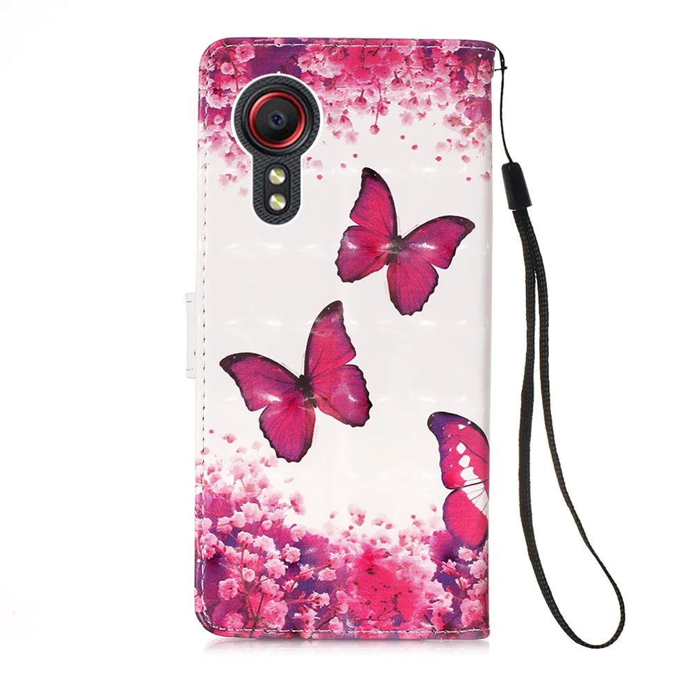 Lanyard Design Leather Phone Pattern Printing Design Case with Wallet Stand for Samsung Galaxy Xcover 5 - Rose Butterfly - 3