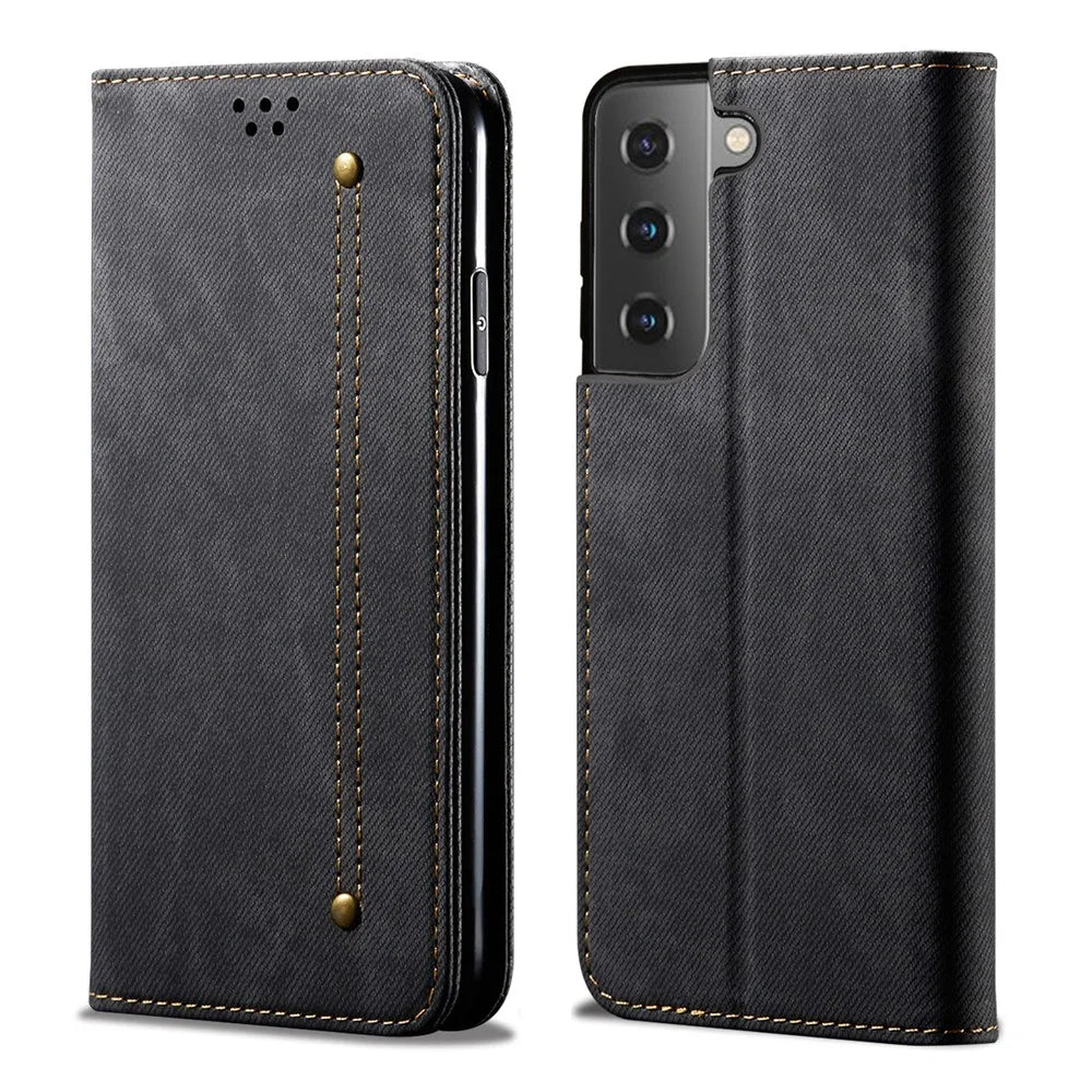 Jeans Cloth Texture Leather Wallet Stand Case for Samsung Galaxy S21 FE - Black - 1