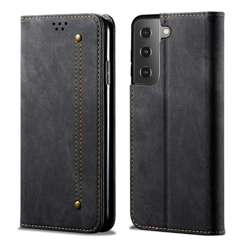 Jeans Cloth Texture Leather Wallet Stand Case for Samsung Galaxy S21 FE - Black - 1