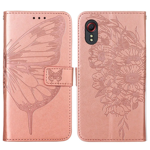 Imprint Butterflies Flower Wallet Stand Leather Case for Samsung Galaxy Xcover 5 - Rose Gold - 1