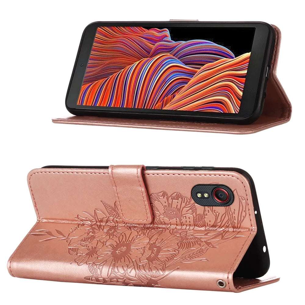 Imprint Butterflies Flower Wallet Stand Leather Case for Samsung Galaxy Xcover 5 - Rose Gold - 3