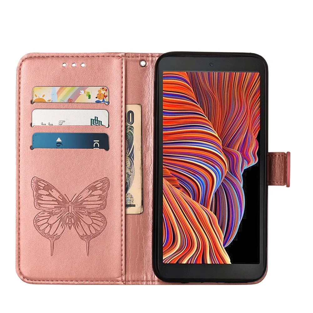 Imprint Butterflies Flower Wallet Stand Leather Case for Samsung Galaxy Xcover 5 - Rose Gold - 4