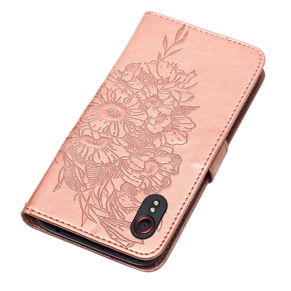 Imprint Butterflies Flower Wallet Stand Leather Case for Samsung Galaxy Xcover 5 - Rose Gold - 5