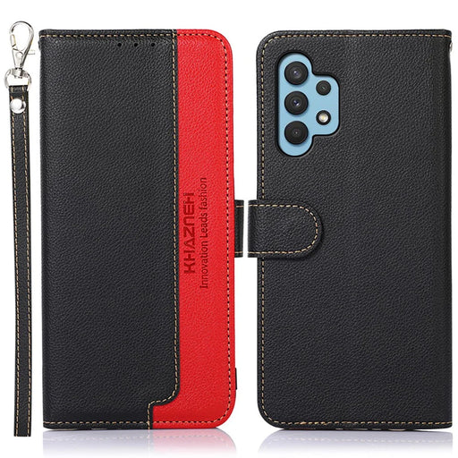 KHAZNEH RFID Blocking Anti-theft Swiping Function Litchi Skin Leather Phone Shell Case for Samsung Galaxy A32 4G (EU Version) - Black - 1