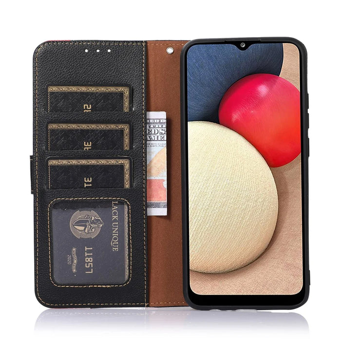KHAZNEH Litchi Skin RFID Blocking Anti-theft Swiping Function Leather Phone Shell Case for Samsung Galaxy A42 5G - Black - 6