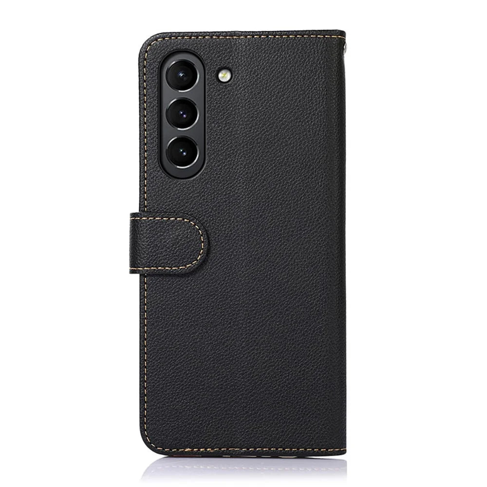 KHAZNEH Litchi Skin RFID Blocking Anti-theft Swiping Function Leather Phone Case Cover for Samsung Galaxy S21 FE - Black - 3