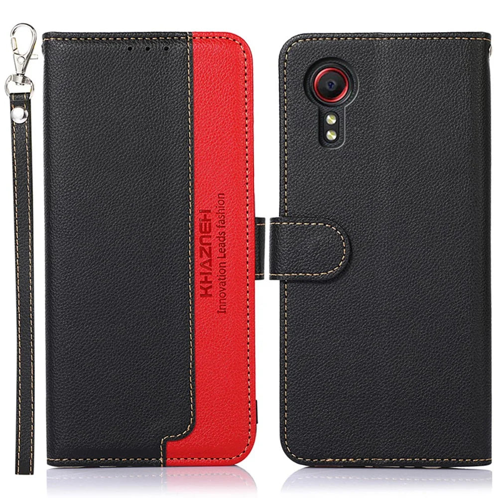 KHAZNEH Litchi Texture RFID Anti-theft Swiping Function Leather Phone Case Cover for Samsung Galaxy Xcover 5 - Black - 1