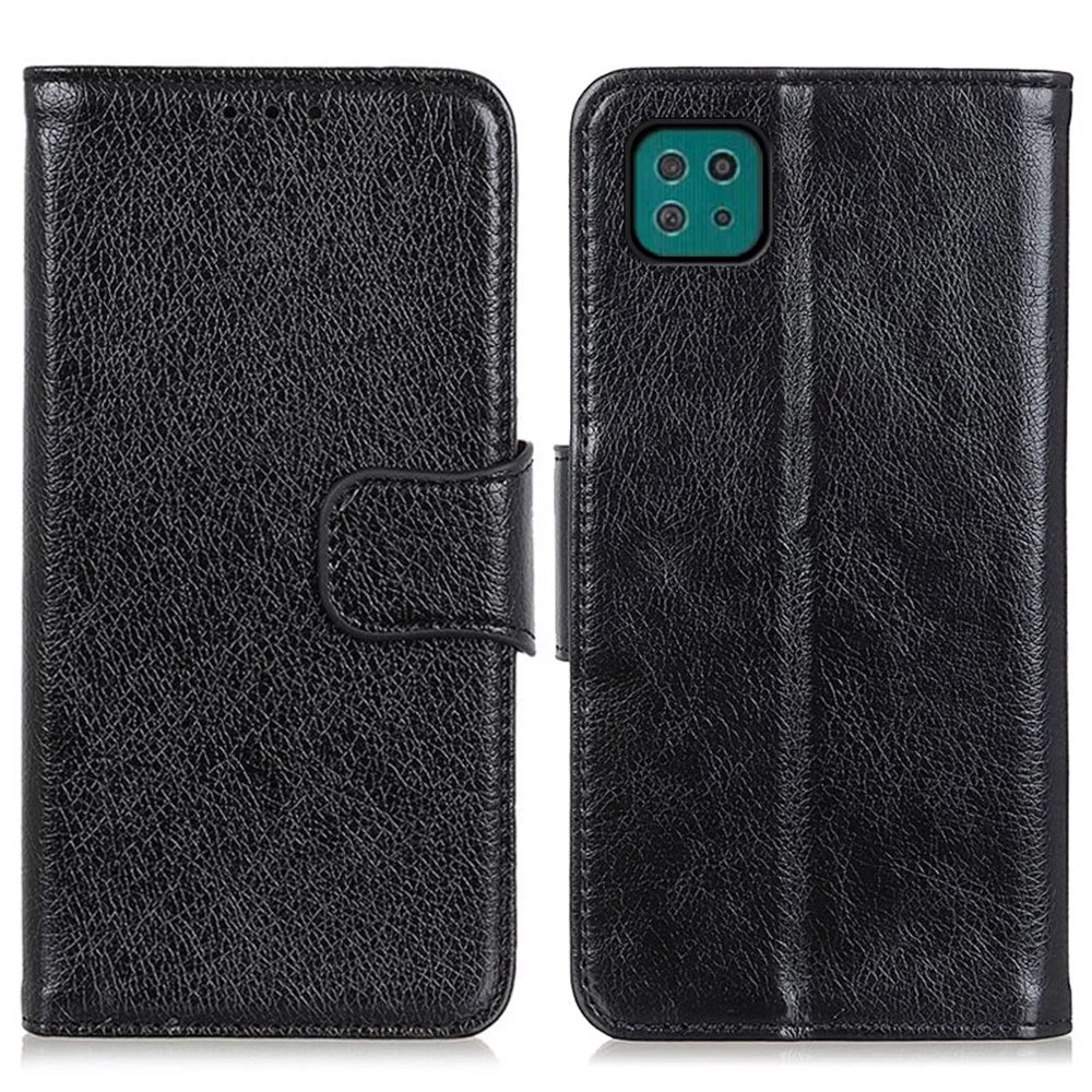 For Samsung Galaxy A22 5G (EU Version) Protective Phone Case Shockproof Flip Folio Cover Nappa Texture Split Leather Phone Shell with Stand Wallet - Black - 1