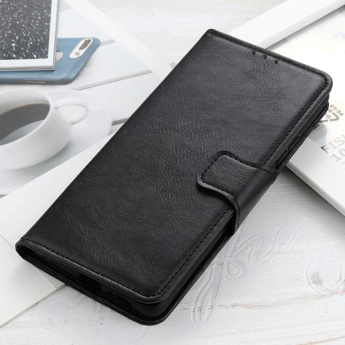 For Samsung Galaxy A22 5G (EU Version) Crazy Horse PU Leather Wallet Phone Case Stand Flip Protective Cover - Black - 6