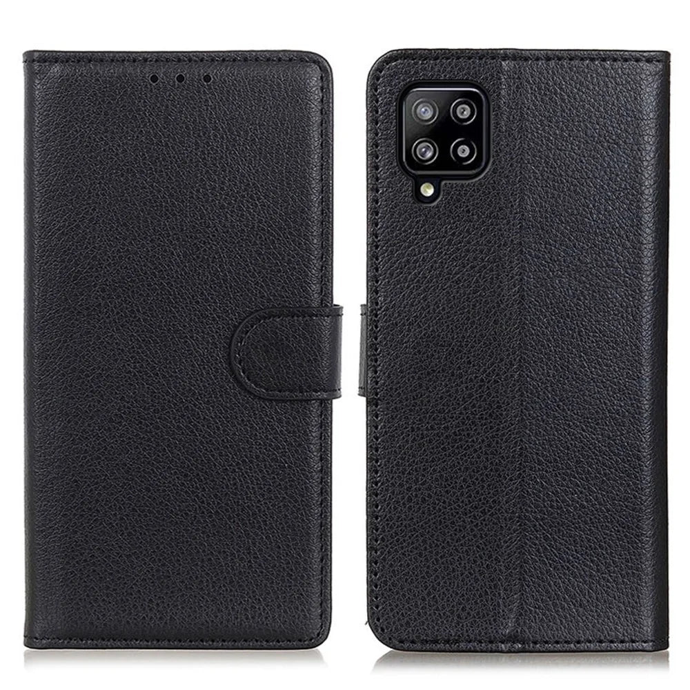 Folio Flip Litchi Texture Leather Cell Phone Case Wallet Stand Shell for Samsung Galaxy A22 4G (EU Version) - Black - 1