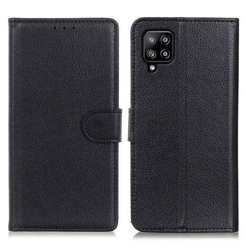 Folio Flip Litchi Texture Leather Cell Phone Case Wallet Stand Shell for Samsung Galaxy A22 4G (EU Version) - Black - 1