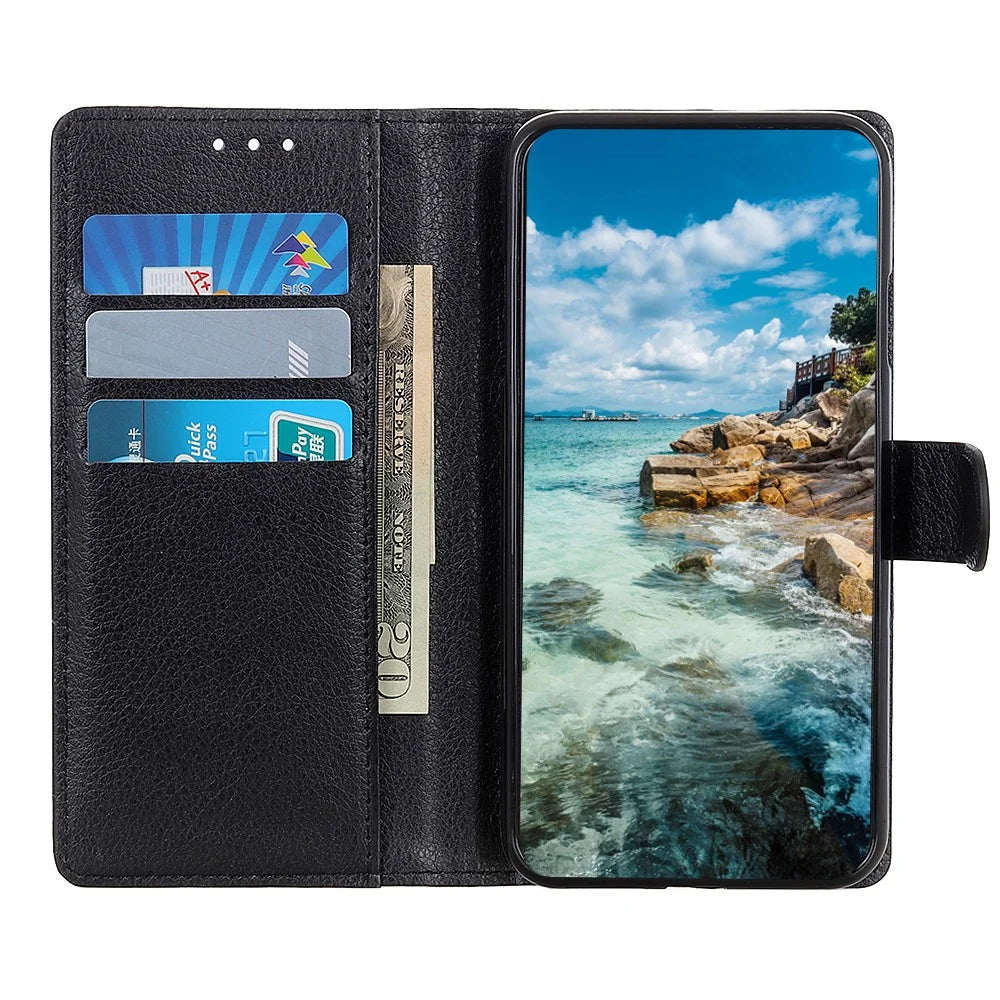 Folio Flip Litchi Texture Leather Cell Phone Case Wallet Stand Shell for Samsung Galaxy A22 4G (EU Version) - Black - 3