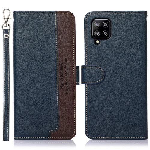 KHAZNEH Litchi Skin PU Leather RFID Blocking Anti-theft Swiping Design Wallet Phone Cover Case for Samsung Galaxy A22 4G (EU Version) - Blue - 1