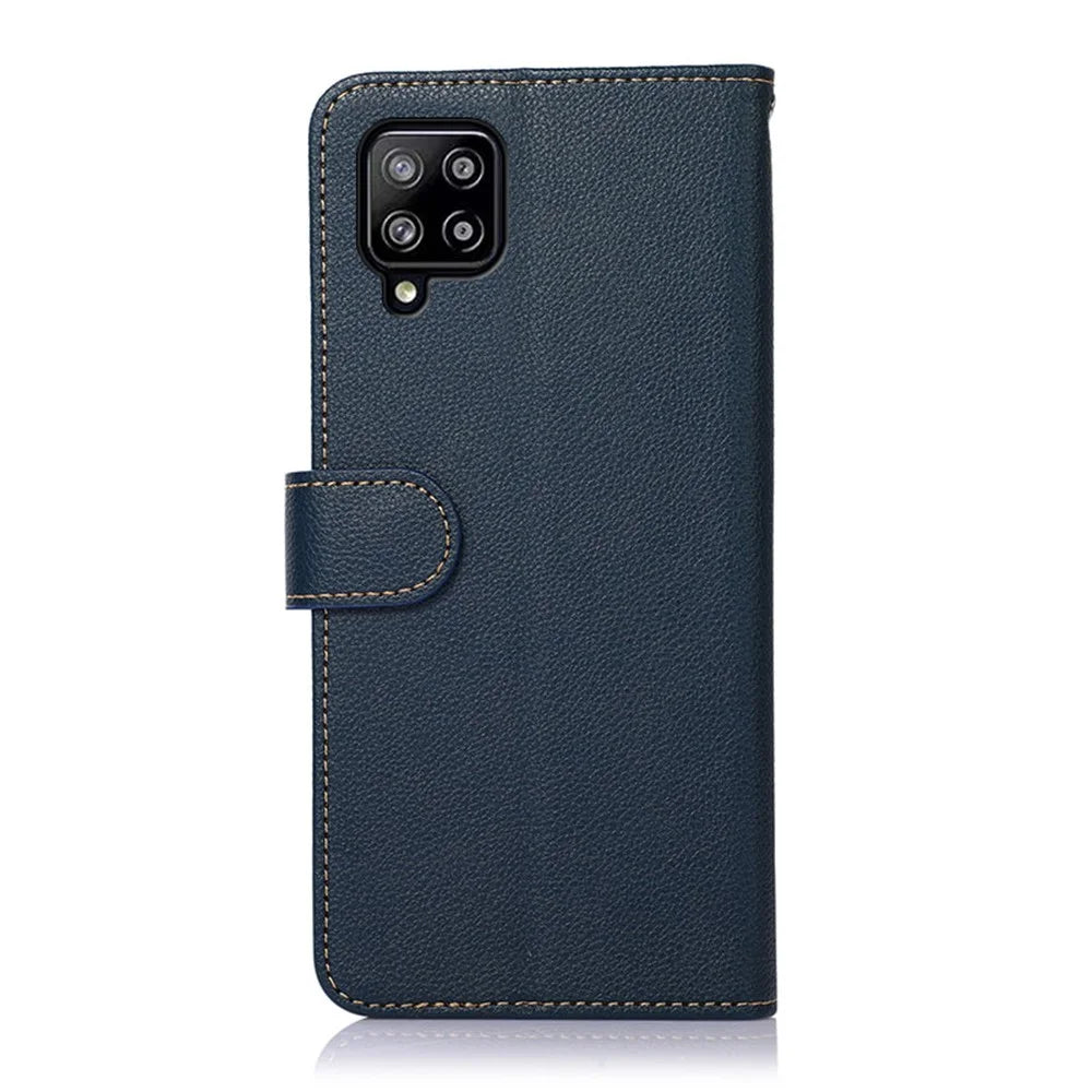 KHAZNEH Litchi Skin PU Leather RFID Blocking Anti-theft Swiping Design Wallet Phone Cover Case for Samsung Galaxy A22 4G (EU Version) - Blue - 5