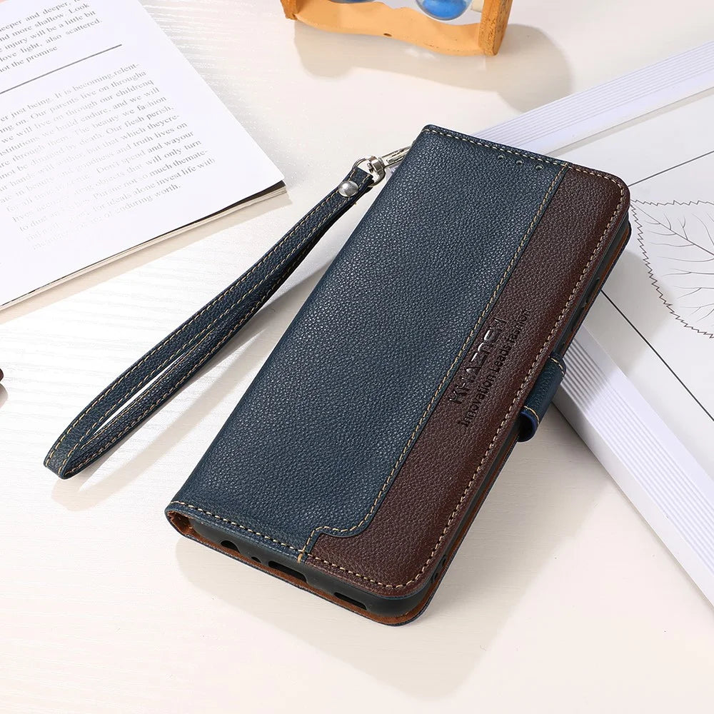 KHAZNEH Litchi Skin PU Leather RFID Blocking Anti-theft Swiping Design Wallet Phone Cover Case for Samsung Galaxy A22 4G (EU Version) - Blue - 6