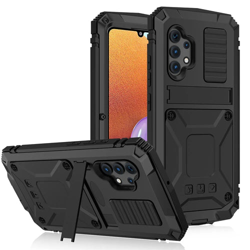 TPU+Metal+Tempered Glass Shockproof Dropproof Dustproof Kickstand Case Cover for Samsung Galaxy A32 4G (EU Version) - Black - 1