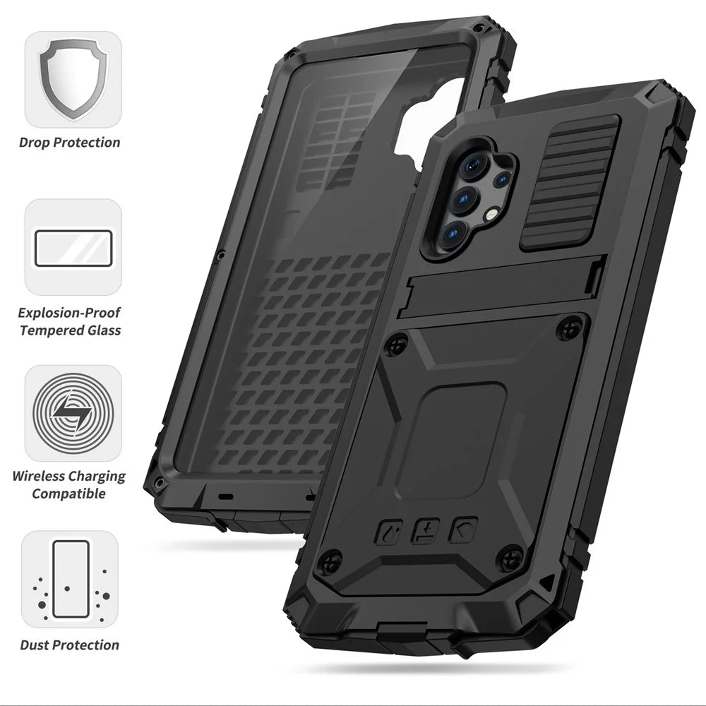 TPU+Metal+Tempered Glass Shockproof Dropproof Dustproof Kickstand Case Cover for Samsung Galaxy A32 4G (EU Version) - Black - 4