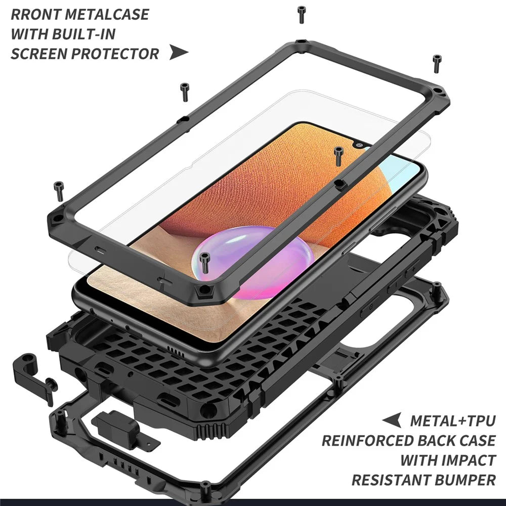 TPU+Metal+Tempered Glass Shockproof Dropproof Dustproof Kickstand Case Cover for Samsung Galaxy A32 4G (EU Version) - Black - 5