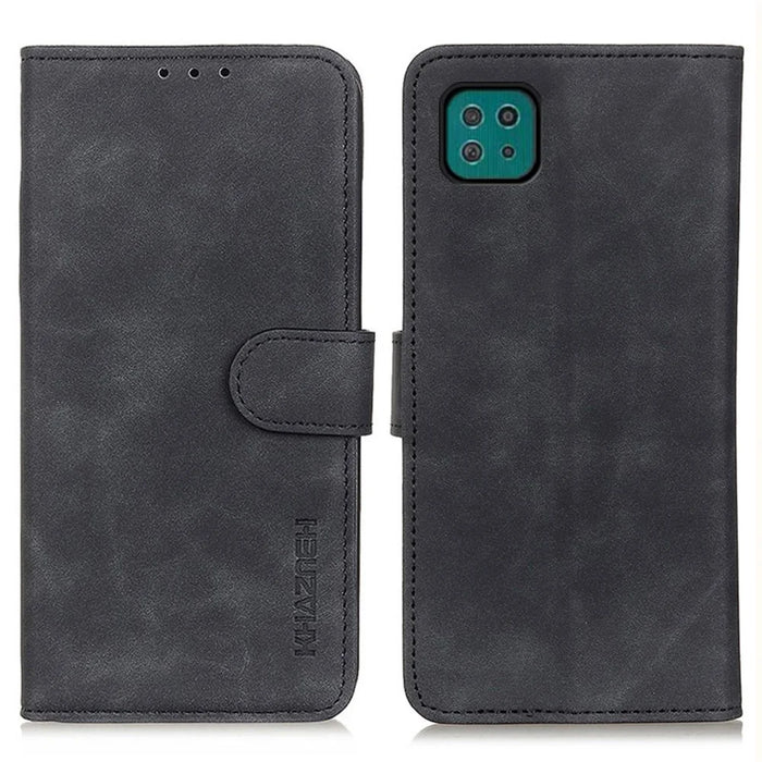 KHAZNEH Wallet Design Retro Grain Style PU Leather Case with Stand for Samsung Galaxy A22 5G (EU Version) - Black - 1