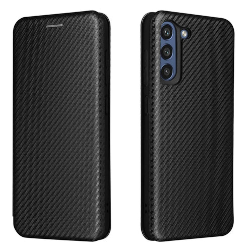 Auto-absorbed Carbon Fiber Texture Shock-proof Leather Case with Card Holder and Ring Strap for Samsung Galaxy S21 FE - Black - 1
