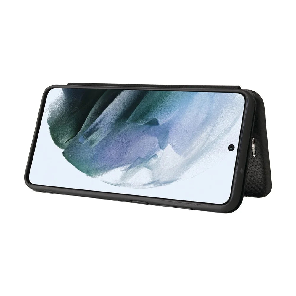 Auto-absorbed Carbon Fiber Texture Shock-proof Leather Case with Card Holder and Ring Strap for Samsung Galaxy S21 FE - Black - 3