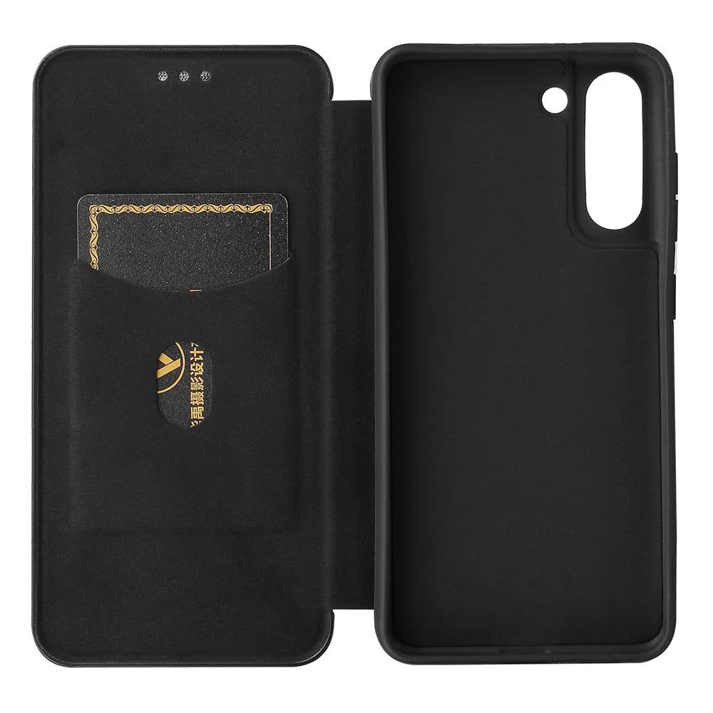 Auto-absorbed Carbon Fiber Texture Shock-proof Leather Case with Card Holder and Ring Strap for Samsung Galaxy S21 FE - Black - 4