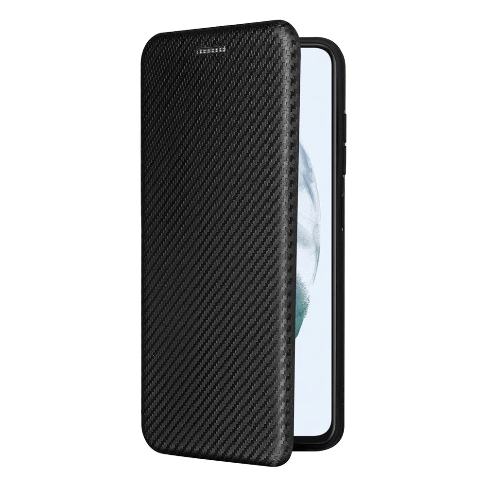 Auto-absorbed Carbon Fiber Texture Shock-proof Leather Case with Card Holder and Ring Strap for Samsung Galaxy S21 FE - Black - 6