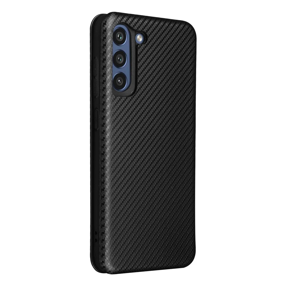 Auto-absorbed Carbon Fiber Texture Shock-proof Leather Case with Card Holder and Ring Strap for Samsung Galaxy S21 FE - Black - 7