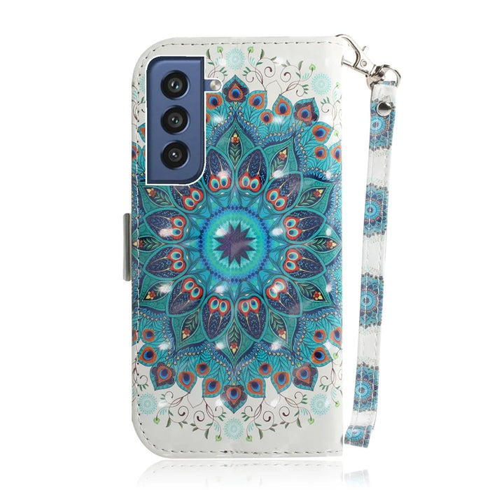 Light Spot Decor Pattern Printing Wallet Stand Leather Case with Strap for Samsung Galaxy S21 FE/S21 Fan Edition - Mandala Flower - 4