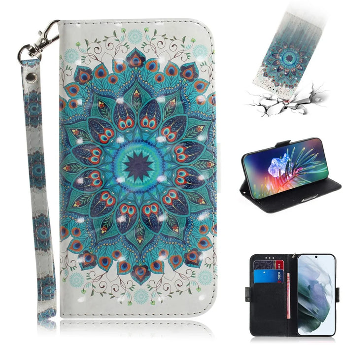 Light Spot Decor Pattern Printing Wallet Stand Leather Case with Strap for Samsung Galaxy S21 FE/S21 Fan Edition - Mandala Flower - 7