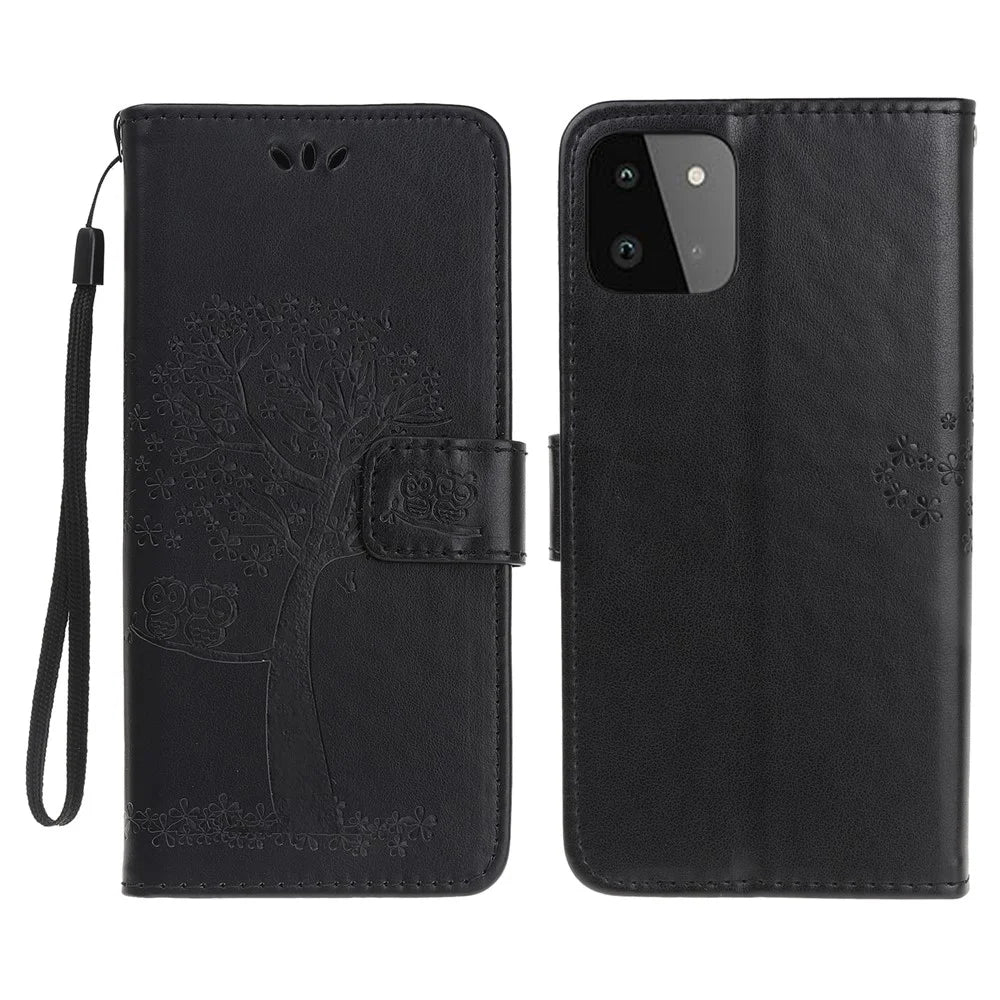 Owl Tree Pattern Imprint Leather Wallet Stand Case for Samsung Galaxy A22 5G (EU Version) - Black - 1