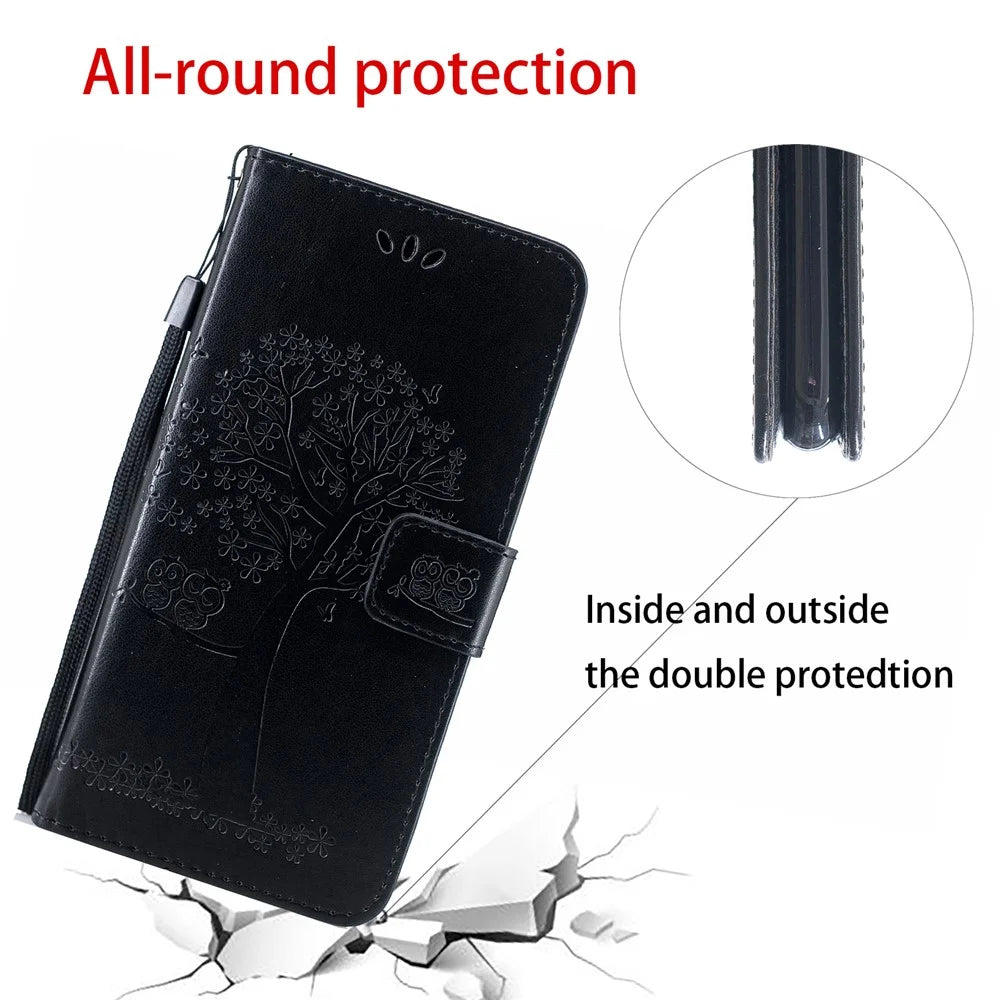 Owl Tree Pattern Imprint Leather Wallet Stand Case for Samsung Galaxy A22 5G (EU Version) - Black - 2