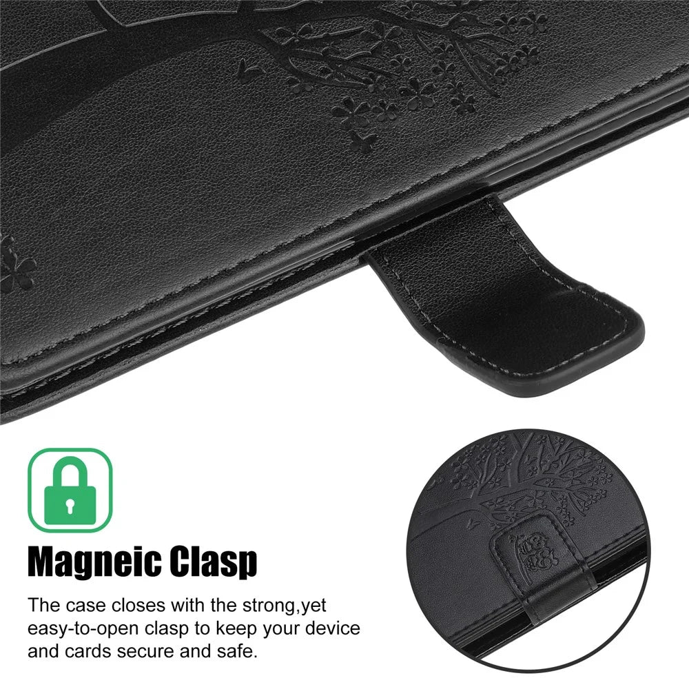 Owl Tree Pattern Imprint Leather Wallet Stand Case for Samsung Galaxy A22 5G (EU Version) - Black - 4