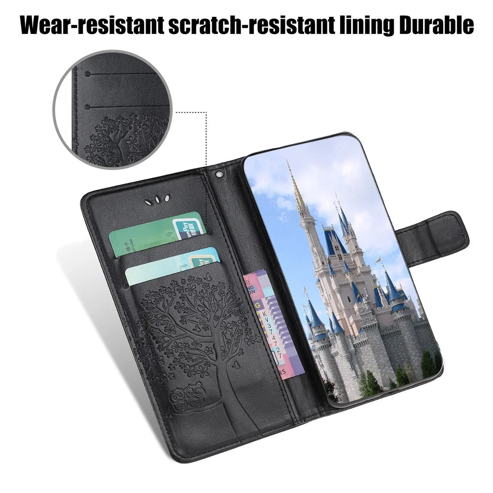 Owl Tree Pattern Imprint Leather Wallet Stand Case for Samsung Galaxy A22 5G (EU Version) - Black - 5