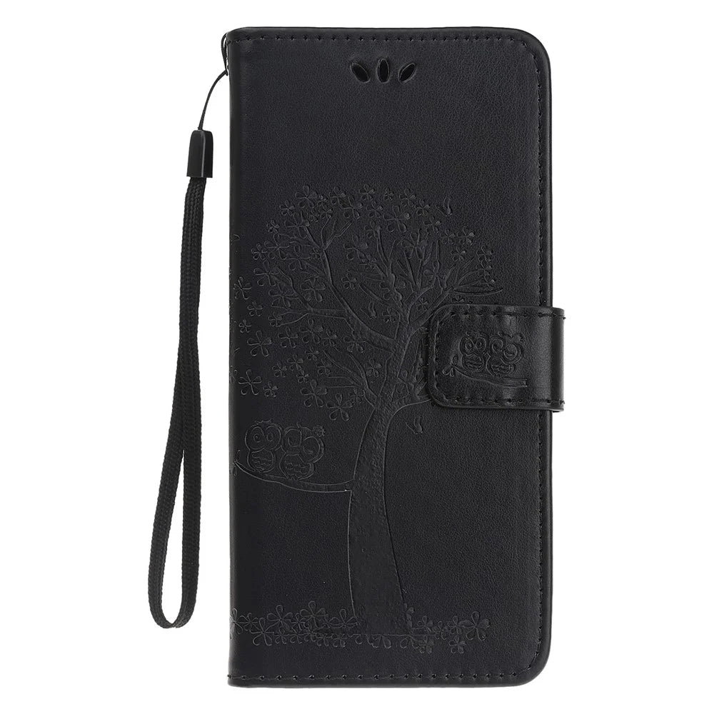 Owl Tree Pattern Imprint Leather Wallet Stand Case for Samsung Galaxy A22 5G (EU Version) - Black - 7