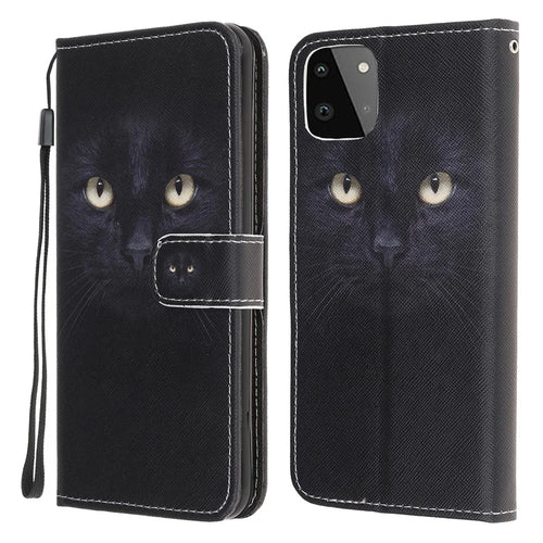 Cross Texture Pattern Printing Wallet Leather Phone Casing Stand for Samsung Galaxy A22 5G (EU Version) - Black Cat - 1