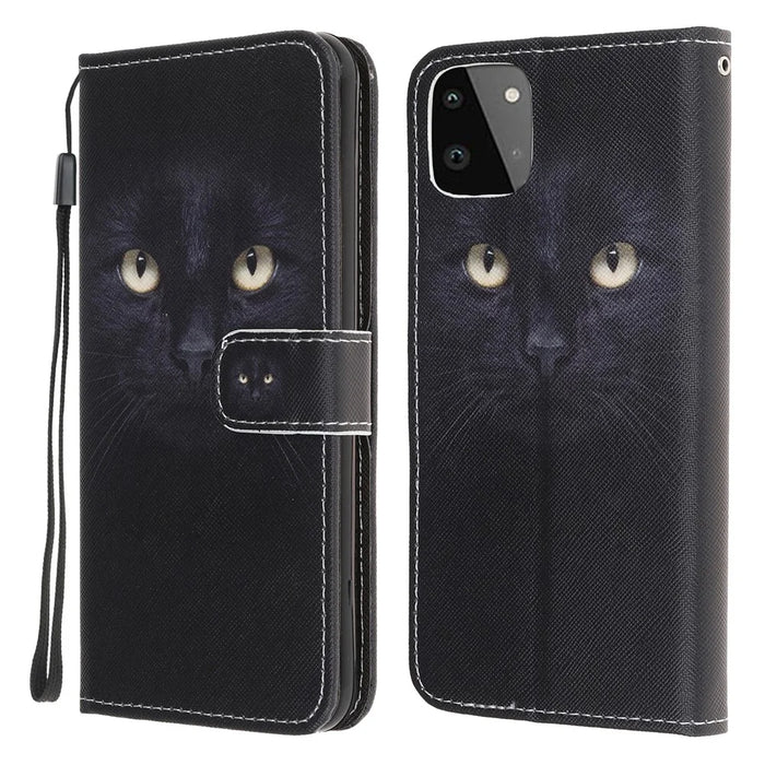 Cross Texture Pattern Printing Wallet Leather Phone Casing Stand for Samsung Galaxy A22 5G (EU Version) - Black Cat - 1
