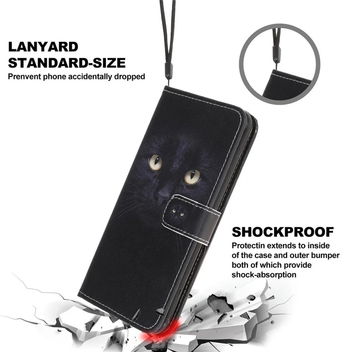 Cross Texture Pattern Printing Wallet Leather Phone Casing Stand for Samsung Galaxy A22 5G (EU Version) - Black Cat - 2