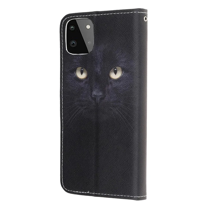 Cross Texture Pattern Printing Wallet Leather Phone Casing Stand for Samsung Galaxy A22 5G (EU Version) - Black Cat - 5