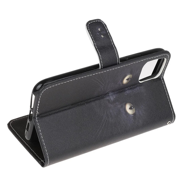 Cross Texture Pattern Printing Wallet Leather Phone Casing Stand for Samsung Galaxy A22 5G (EU Version) - Black Cat - 7