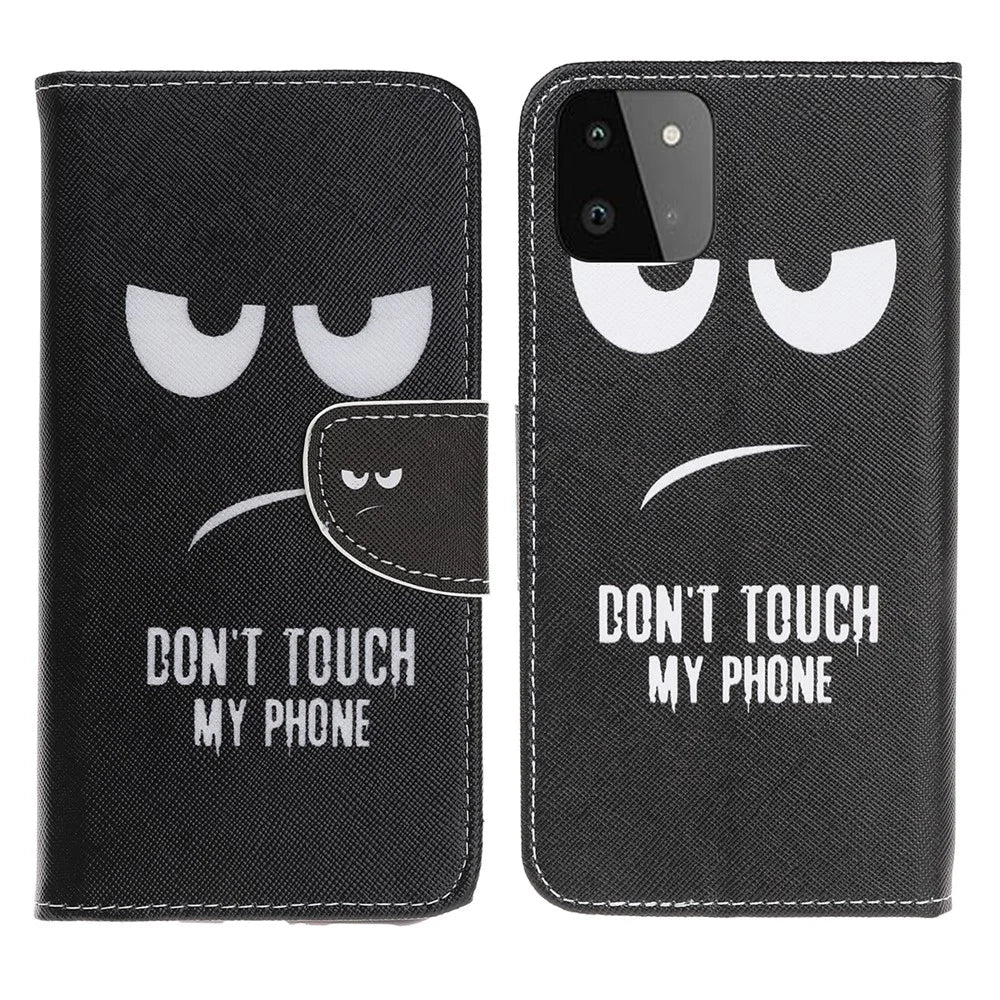 Cross Texture Pattern Printing Wallet Leather Stand Case for Samsung Galaxy A22 5G (EU Version) - Don't Touch My Phone - 1