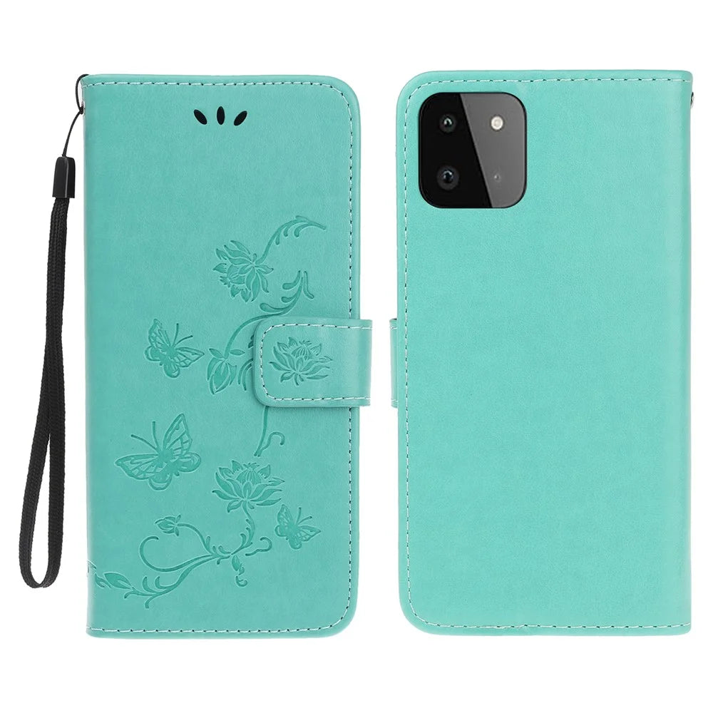 Wallet Design Stylish Butterfly Flowers Imprinting Leather Phone Cover for Samsung Galaxy A22 5G (EU Version) - Cyan - 1