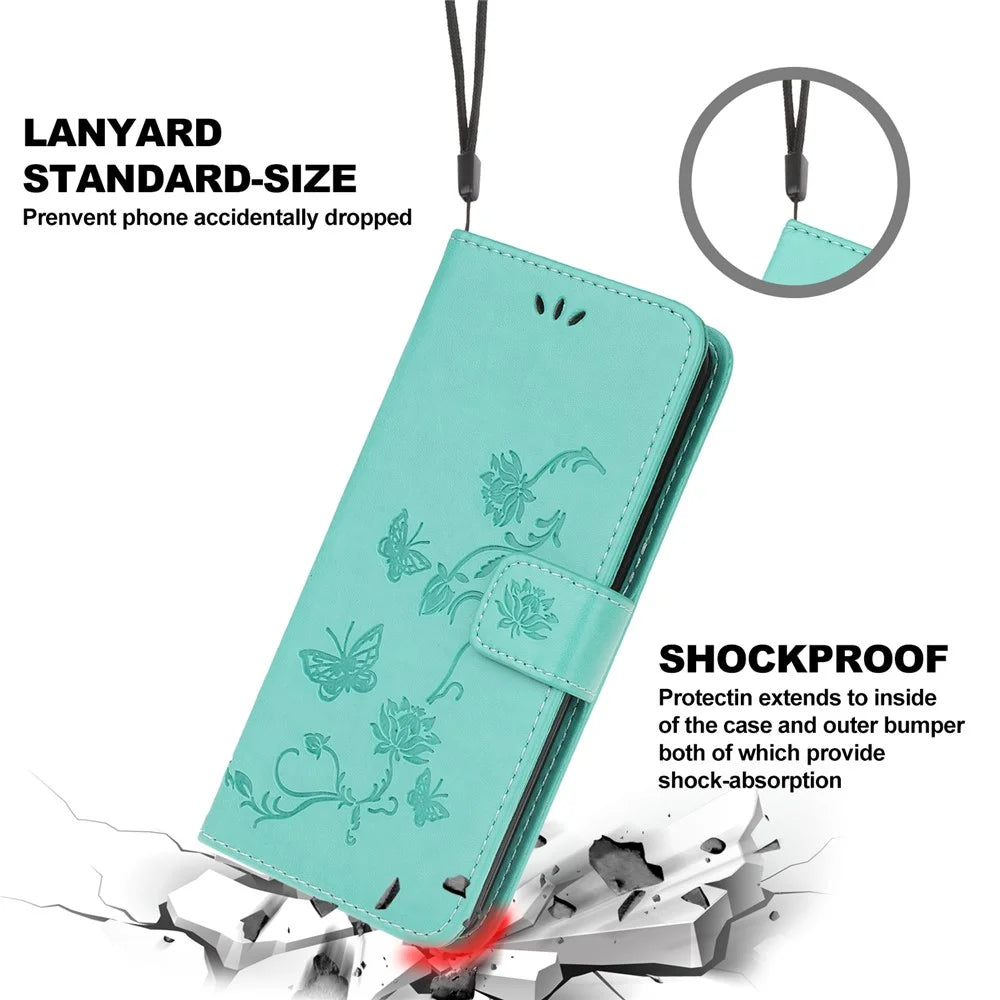 Wallet Design Stylish Butterfly Flowers Imprinting Leather Phone Cover for Samsung Galaxy A22 5G (EU Version) - Cyan - 3