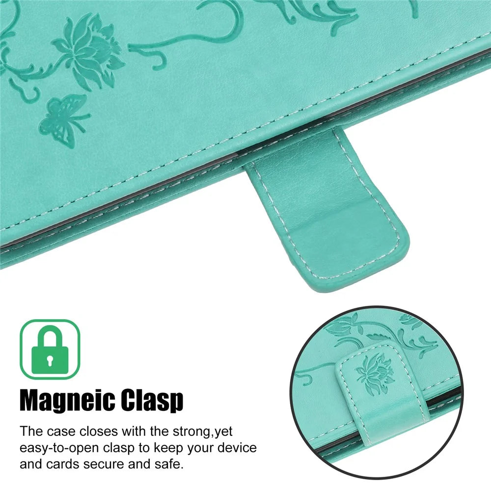 Wallet Design Stylish Butterfly Flowers Imprinting Leather Phone Cover for Samsung Galaxy A22 5G (EU Version) - Cyan - 4
