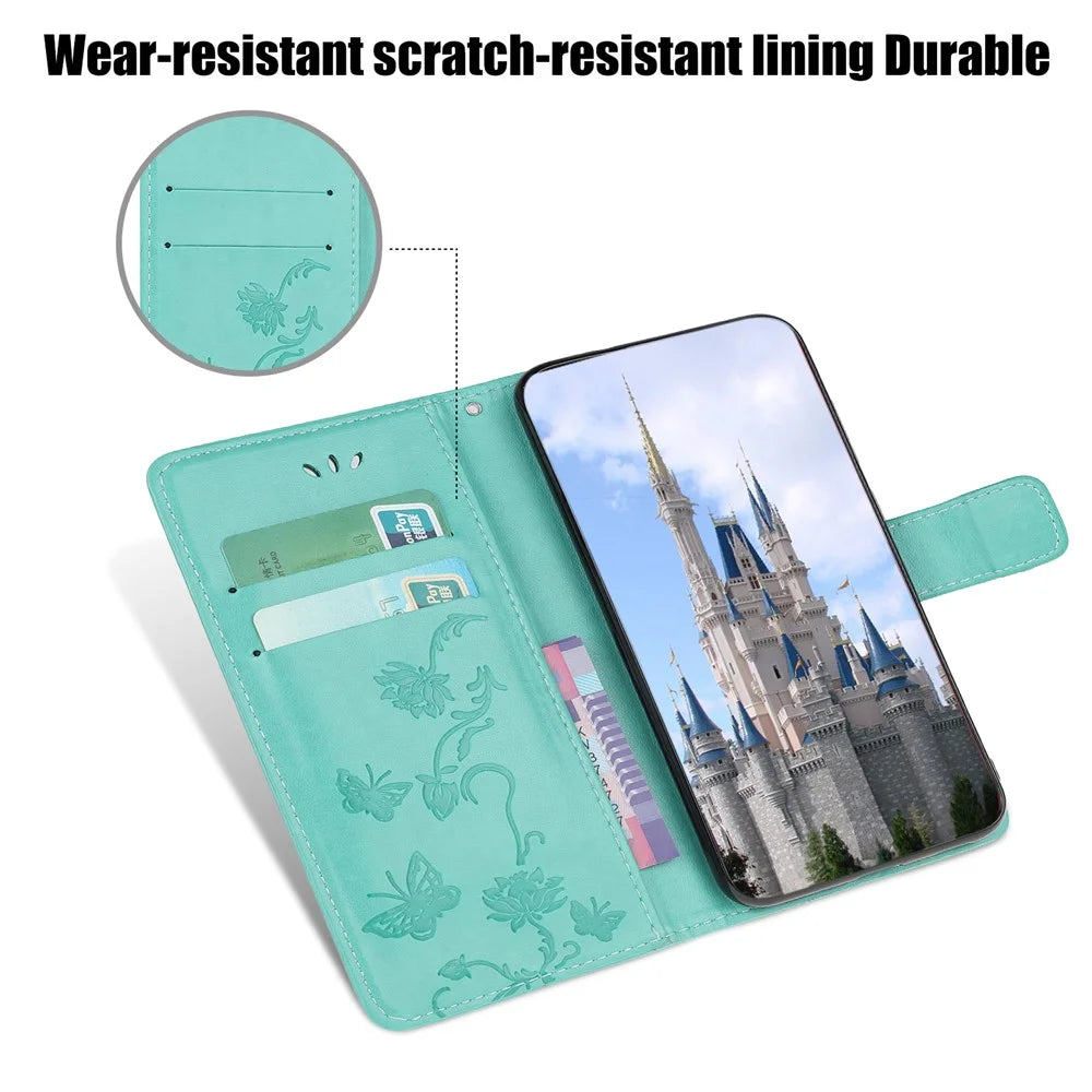 Wallet Design Stylish Butterfly Flowers Imprinting Leather Phone Cover for Samsung Galaxy A22 5G (EU Version) - Cyan - 6